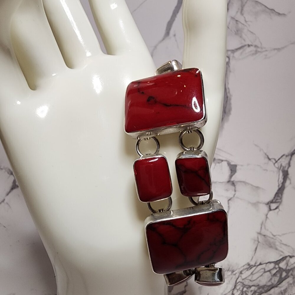 Vintage Heavy Red Jasper 925 Silver Bracelet - Picture 2 of 11